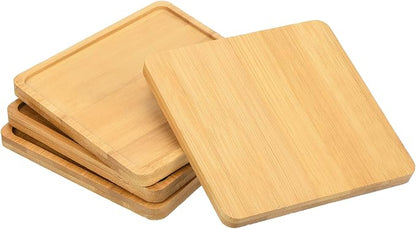 PATIKIL Plant Pot Saucer 5 Inch, 4 Pack Bamboo Square Flower Drip Tray for Home Indoor