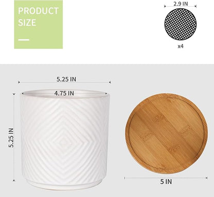 5.25 Inch Ceramic Planter Pot for Indoor Plants with Drainage Holes, Geometry Design White Flower Planter Pots with Bamboo Saucer, for Succulent, Snake Plants, Cactus & Herbs, Set of 4