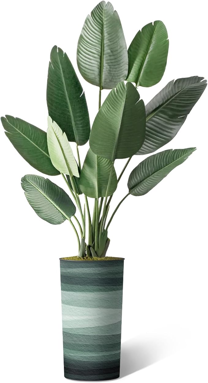 Artificial Tree in Earthy Green Stripe Planter, Fake Bird of Paradise Silk Tree for Indoor and Outdoor Home Decoration - 67" Overall Tall (Plant Pot Plus Tree)