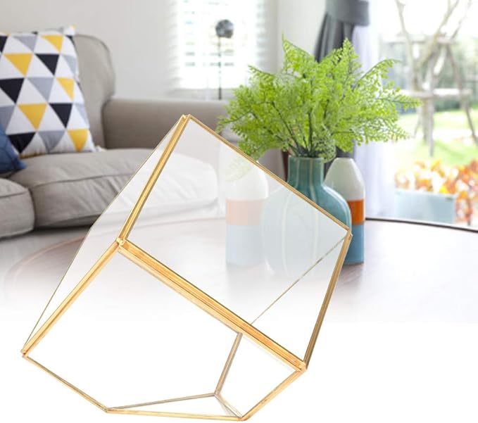 Gold Geometric Shape Succulents Plant Flowerpot, Glass Planter with Copper Frame, Modern Home Table Decoration for Succulents Ferns Cacti, Transparent Glass Planter for Office