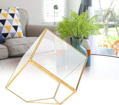 Gold Geometric Shape Succulents Plant Flowerpot, Glass Planter with Copper Frame, Modern Home Table Decoration for Succulents Ferns Cacti, Transparent Glass Planter for Office