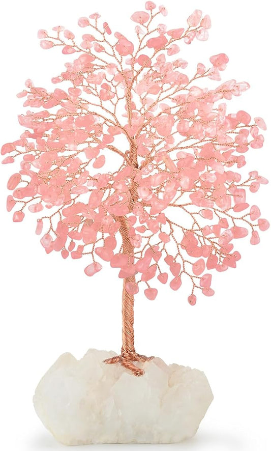 Gemstone Crystal Tree of Life,Natural Rose Quartz (406 Stones) with Clear Quartz Base,Chakra Balancing Positive Energy Feng Shui Home Decor Bonsai Money Tree,Birthday Gift 8.5"-9"