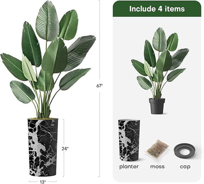 Artificial Tree in Modern Marble Effect Planter, Fake Bird of Paradise Silk Tree for Indoor and Outdoor Home Decoration - 67" Overall Tall (Plant Pot Plus Tree)