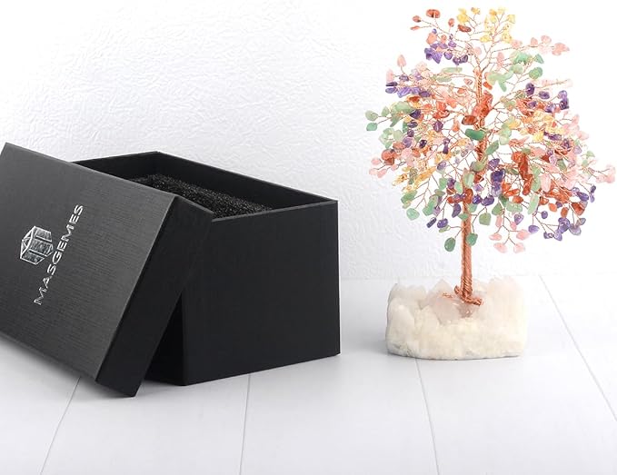 Chakra Crystal Tree of Life Natural Gemstone Healing Crysals(406 Stone Count) with Clear Quartz Base,Fengshui Decor Money Tree,Positive Energy Lucky Gift Height 8.5-9 Inches