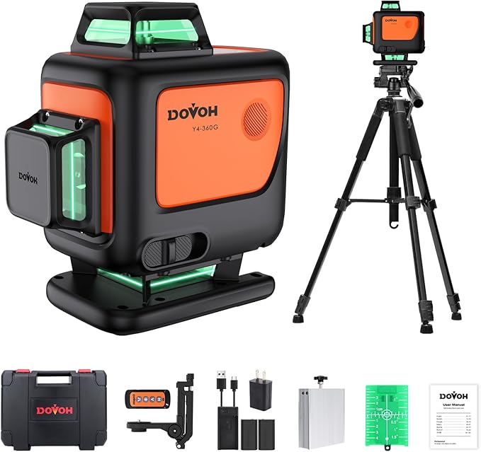 4D Laser Level with Tripod : Dual Batteries Laser Level 360 Self Leveling Green Hard Toolbox for Construction Floor Tiling Ceiling, Class Ⅱ, Y4-360G-KIT