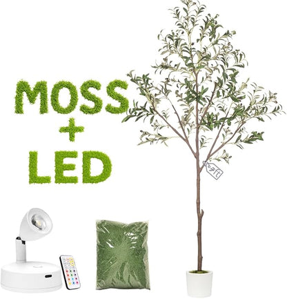 Olive Trees Artificial Indoor 7FT Tree with Rechargeable LED Spotlight, Decorative Moss & Weighted Pot – Tall Realistic Olive Plant for Home, Office, or Event Décor (7FT)