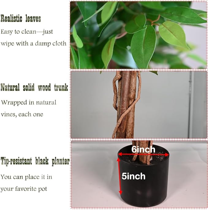 7ft Decorative Fake Ficus Tree Indoor, Artificial Trees Indoor for Home Decor, Potted Faux Tree Plant with Realistic Silk Leaves, Natural Triple Wood Trunk for Outdoor, Office