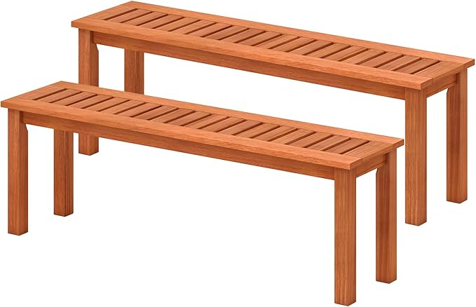HAPPYGRILL Outdoor Solid Wood Bench, Backless Dining Bench with Slatted Seat, 2-Person Garden Seat for Patio, Porch, Backyard, Poolside, 705 LBS Weight Capacity (2)