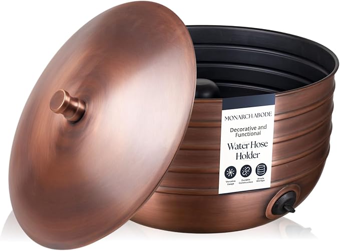 Monarch Abode Garden Hose Holder with Lid – Decorative Water Hose Holders for Outside, Border Embossed Metal Antique Copper Pot with Drainage, 100ft Waterhose Holder for Outside, Garden Storage Caddy