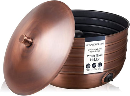 Monarch Abode Garden Hose Holder with Lid – Decorative Water Hose Holders for Outside, Border Embossed Metal Antique Copper Pot with Drainage, 100ft Waterhose Holder for Outside, Garden Storage Caddy