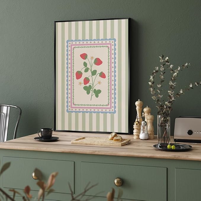 Vintage Green Striped Strawberry Canvas Prints Painting Trendy Botanical Flowers Posters Cute Fruit Cottagecore Wall Art Farmhouse Boho Aesthetic Pictures Decor for Kitchen 20x30inch Metal Black Frame