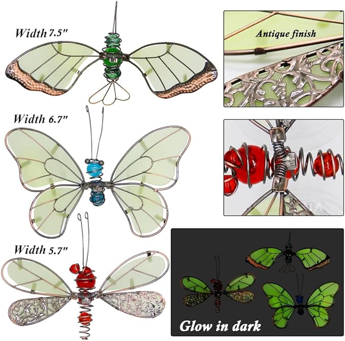 Juegoal 20 Inch Butterfly Garden Stakes Decor, Dragonfly Stakes, Hummingbird Glow in Dark Metal Yard Art for Mom, Mothers Day Ideal Gifts, Indoor Outdoor Lawn Pathway Patio Ornaments, Set of 3