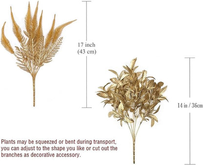 Fake Flowers Golden Bouquet Christmas Decorations, PASYOU Artificial Plants Plastic Shrubs Grass Leaves Indoor Outdoor Home Garden Party Hotel Verandah Wedding Event Faux DIY Table Decor - Gold 4 Pack