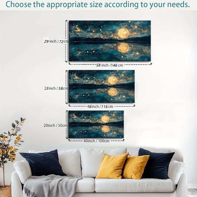 Moon Sea Ocean and Stars Canvas Wall Art -Moonrise at Sea Night Landscape Scene Printing, Moon & Lake Abstract Nature Artwork for Living Room, Bedroom & Coastal Home Décor, Ready to Hang 32L" x 16W"