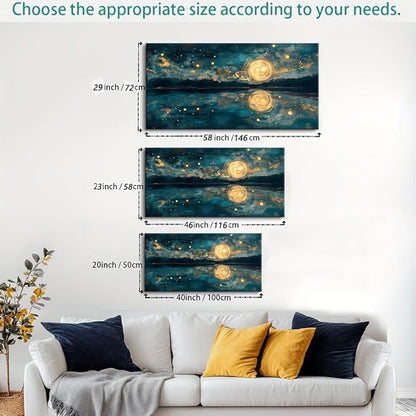 Moon Sea Ocean and Stars Canvas Wall Art -Moonrise at Sea Night Landscape Scene Printing, Blue & Gold Abstract Nature Artwork for Living Room, Bedroom & Coastal Home Décor, Ready to Hang 60L" x 30W"