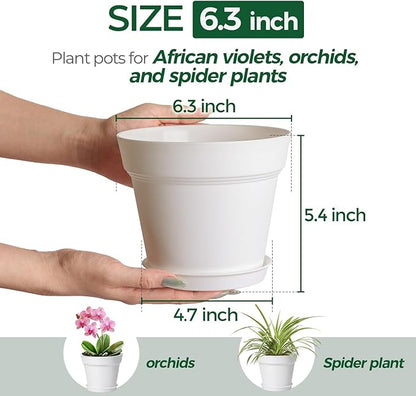 T4U 6 Inch Plant Pot 8-Pack, Plastic Planter with Drainage Hole and Saucer, Decorative Nursery Pots Bulk for African Violet, Snake Plant, Succulent, Herb and Plants Indoor (8 Pcs 6" Pots, White)