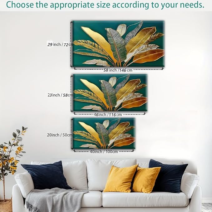 Green Leaf Wall Art, Green and Gold Leaves Wall Painting, Emerald Green Tropical Botanical Décor Canvas Prints, Abstract Sage Boho Painting for Office Home Décor, Ready to Hang 46L" x 23W"
