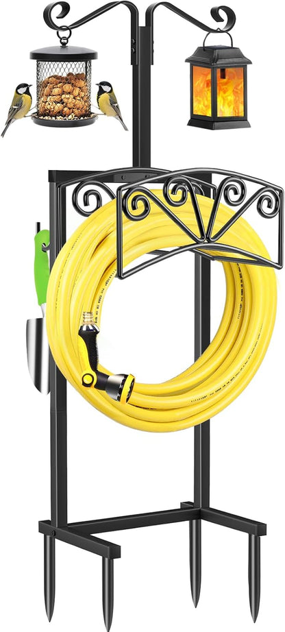 TomCare Garden Hose Holder with 2 Shepherds Hooks Heavy Duty Water Hose Holder Holds 160 FT Hoses Sturdy Hose Reel with 2 Tool Hooks Freestanding Outdoor Hoses Storage Hanger for Outside Yard, Black