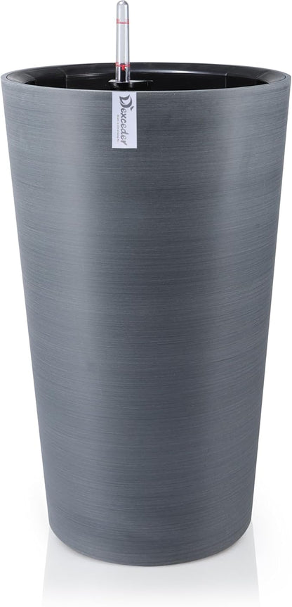 Dexceder 22x13 Tall Self Watering Planter High Cylinder Indoor Outdoor, Thickened Large Floor Standing Flower Plant Pot with Water Level Indicator (Gray, Wire Drawing)