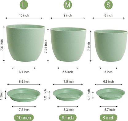 WOUSIWER Plant Pots 10/9/8 inch, Set of 3 Modern Decorative Plastic Planters with Drainage Holes and Saucers for House Plants Indoor Flowers Plants, Green