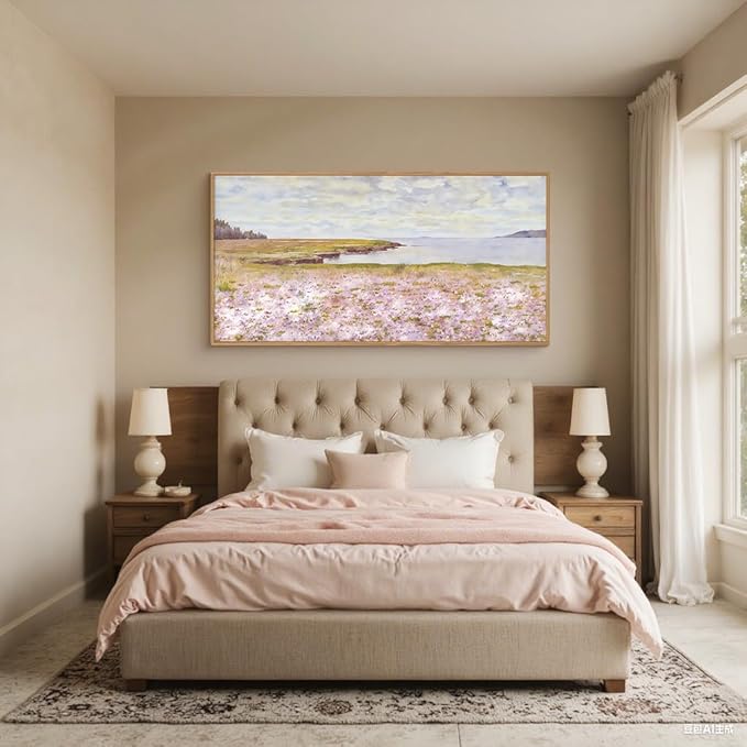 HOURIA Watercolor Pink Floral Coastal Landscape Framed Canvas Wall Art Set,Nature Inspired Wildflower & Meadow Cottage Field Wall Decor,Modern Seaside Beach Artwork for Living Room,Farmhouse-20"x40"x1