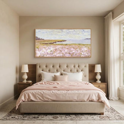 HOURIA Watercolor Pink Floral Coastal Landscape Framed Canvas Wall Art Set,Nature Inspired Wildflower & Meadow Cottage Field Wall Decor,Modern Seaside Beach Artwork for Living Room,Farmhouse-20"x40"x1