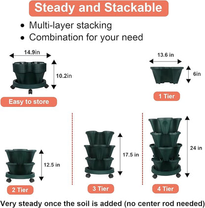 GameXcel Vertical Planter 4 Tier Stackable Planters Garden Planters Strawberry Herb Flower and Vegetable Planter Indoor Outdoor Gardening Pots with Removable Wheels and Tools
