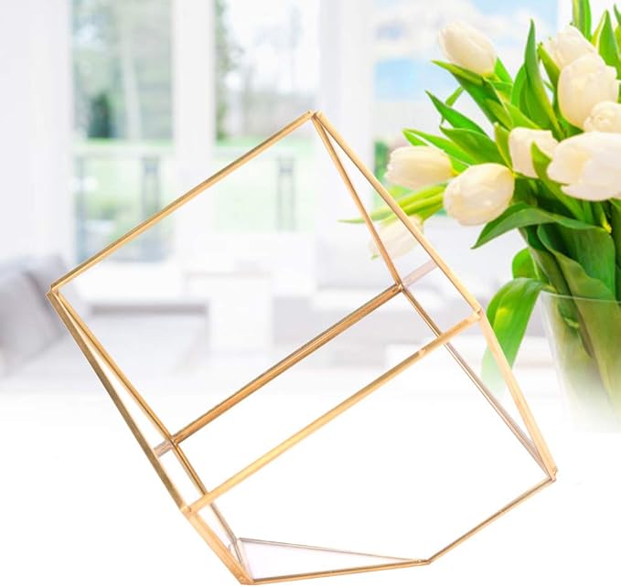 Gold Geometric Shape Succulents Plant Flowerpot, Glass Planter with Copper Bar, Modern Home Table Decoration for Succulents Ferns Cacti, Transparent Glass Container for Garden Offi