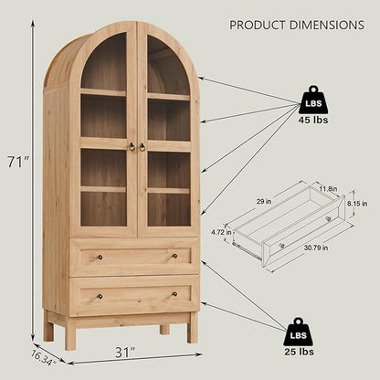 71" Tall Arched Bookshelf, 4-Tier Bookcase with Glass Doors and Shelves, Wooden Display Cabinet w/2 Large Storage Drawers, Modern Farmhouse Versatile Bookshelf for Living Room, Bedroom, Natrual