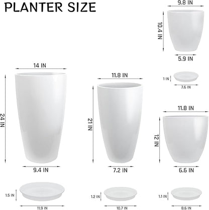ZMTECH 24/21/12/10" H Large Plastic Planters with Drainage Hole and Saucer -Set of 4 Tall Plant Pots for Indoor & Outdoor Use,White Glossy Smooth Lightweight Flower Pot for Front Porch Patio Deck