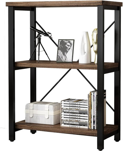 3 Tier Industrial Solid Wood Bookcases, Open Etagere Bookshelf with Metal Frame, Rustic Wood and Metal Shelving Storage Organizer for Living Room Book Shelves Furniture (AY01-3tier)