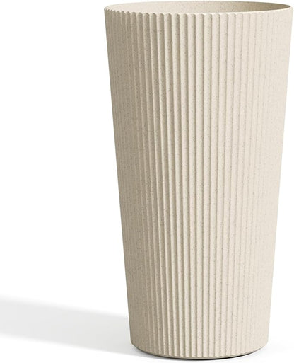 FONTOI 23.6" Tall Planter for Outdoor Plants Set of 2 Large Outdoor Plastic Striped Flower Pots, Front Porch Furniture, Garden Pots, Decorative Planters for Indoor/Outdoor, Patio, Balcony, Beige