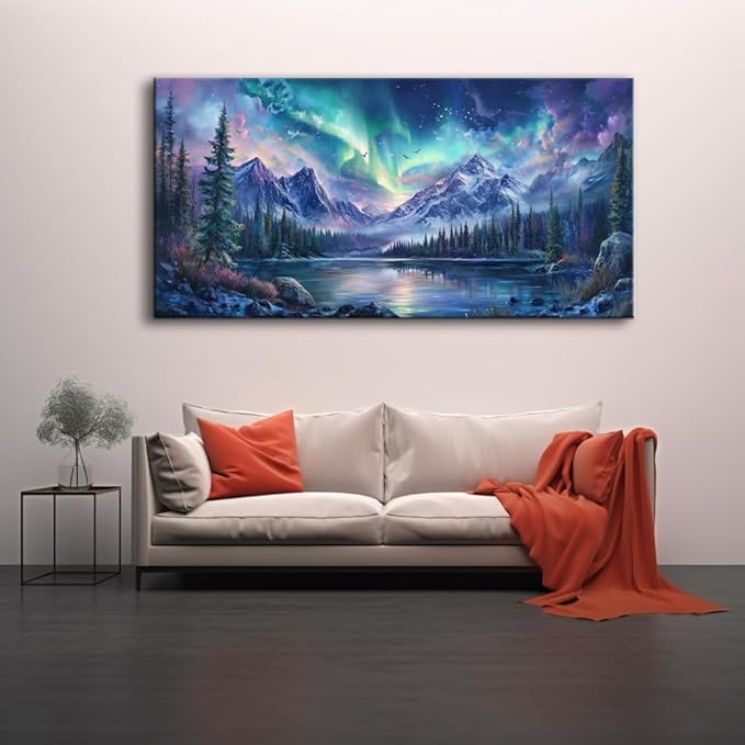 Aurora Borealis Canvas Wall Art Northern Lights Wall Printing Farmhouse Abstract Snow Mountain Tree Forest Scenery Canvas Nature Large Landscape Artwork For office Home Décor Ready to Hang 60L" x 30W"