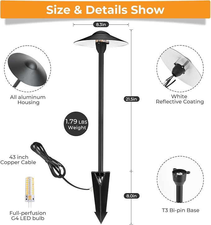 Gardencoin Low Voltage Pathway Lights (8.5'' Shade, 21.5'' Tall)，12V Outdoor LED Landscape Path Lights Wired, Aluminum Pathway Lighting with 3W 2700K Replaceable Bulb for Walkway Garden Yard, 12 Pack