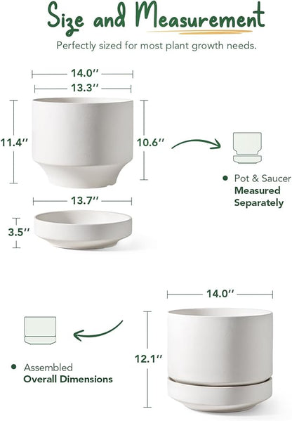 LE TAUCI Large 14 Inch Plant Pot with Saucer | Ceramic Outdoor & Indoor Big Planter Pot | Drainage Hole, Mesh Pad & Plug | Unglazed Porous | Modern Minimalist for Home and Patio – Chalk White