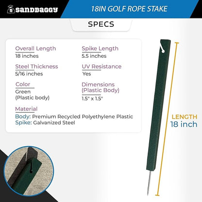 18" Golf Rope Stake - Square Stake (UV Resistant) - Sandbaggy (18-inch, 6, Count)