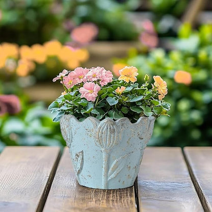 5.63" Rustic Cement Plant Pot Succulent Planters for Outdoor/Indoor Plants Vintage Tulip Planter Pot Cylinder Round Flower Pot for Succulent/Herbs/Violets, Home Garden Balcony Decor Blue
