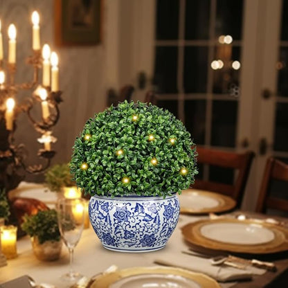 DILATATA Artificial Topiary Boxwood Ball in Blue and White Ceramic Pot, Lighted Artificial Boxwood in Planters 13 Inch Decorative Fake Greenery for Table Centerpiece Indoor Plant Home Decor - Large