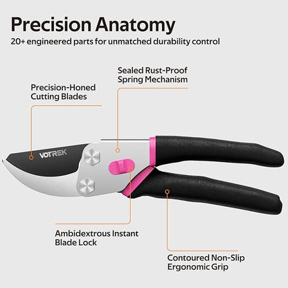 Effortless Pruning Shears: Professional 8.5”Garden Pruner with Jam-Proof Spring & Ever-Sharp SK5 Blade, Ergonomic Bypass Clippers for Rose, Tree Trimming & weak Hand, Heavy Duty Pruning Scissor