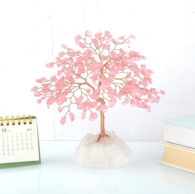 Gemstone Crystal Tree of Life,Natural Rose Quartz Clear Quartz Cluster Base,Healing Crystal Positive Energy Bonsai Feng Shui Money Tree Home Decor for Luck and Wealth 5.5"-6.3"