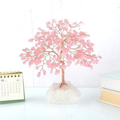 Gemstone Crystal Tree of Life,Natural Rose Quartz Clear Quartz Cluster Base,Healing Crystal Positive Energy Bonsai Feng Shui Money Tree Home Decor for Luck and Wealth 5.5"-6.3"