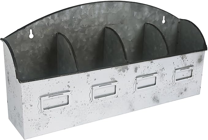 Vintage 4-Compartment Wall-Mounted Galvanized Metal Planter, Distressed White Hanging Flower Pot for Succulents, Herbs, Indoor Outdoor Garden Decor
