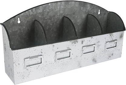 Vintage 4-Compartment Wall-Mounted Galvanized Metal Planter, Distressed White Hanging Flower Pot for Succulents, Herbs, Indoor Outdoor Garden Decor