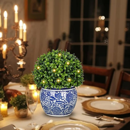 DILATATA Artificial Topiary Boxwood Ball in Blue and White Ceramic Pot, Lighted Artificial Boxwood in Planters 10 Inch Decorative Fake Greenery for Table Centerpiece Indoor Plant Home Decor - Medium
