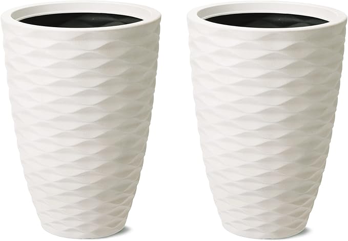 Glitzhome Oversized Planters Set of 2,Tall Flower Pots with Drainage Hole,19" H Faux Ceramic Wave Textured White Planter,Large Planters for Outdoor Plants,Outdoor Planter for Front Porch Patio Deck