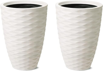 Glitzhome Oversized Planters Set of 2,Tall Flower Pots with Drainage Hole,19" H Faux Ceramic Wave Textured White Planter,Large Planters for Outdoor Plants,Outdoor Planter for Front Porch Patio Deck