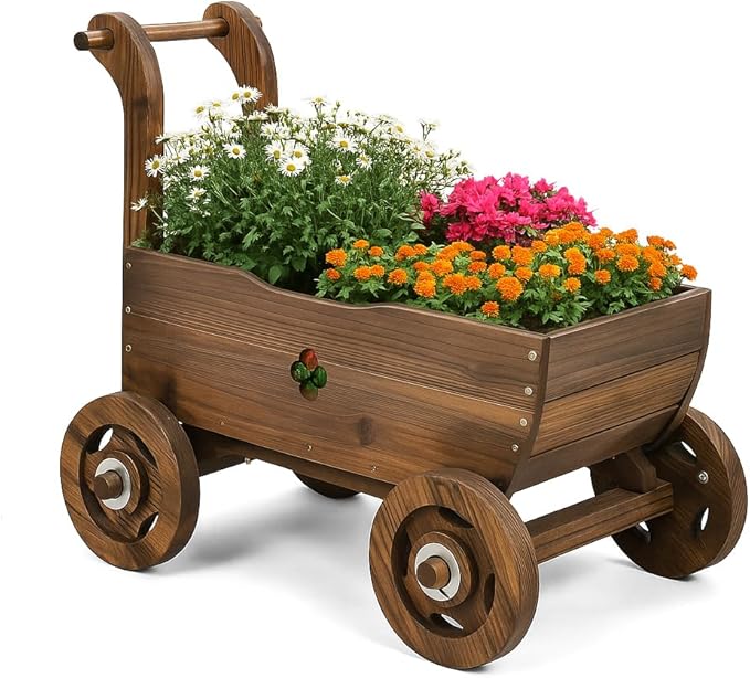Tangkula Wooden Wagon Planter Box, Decorative Garden Planter w/Wheels, Handle, Drain Hole, Rustic Wooden Flower Cart for Indoor & Outdoor Decor for Patio, Garden, Balcony (27" L x 15" W x 21" H)