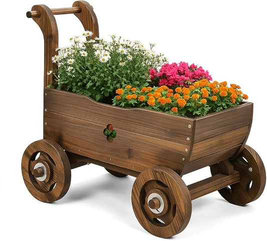 Tangkula Wooden Wagon Planter Box, Decorative Garden Planter w/Wheels, Handle, Drain Hole, Rustic Wooden Flower Cart for Indoor & Outdoor Decor for Patio, Garden, Balcony (27" L x 15" W x 21" H)