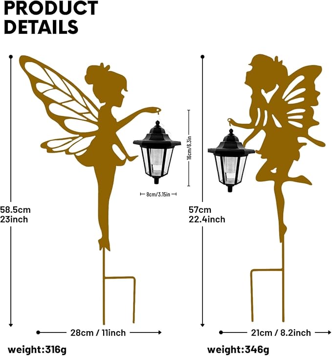 Solar Fairy Garden Decor Lights, 2 Packs, Metal Hanging Lanterns with Warm Solar Glow for Women, Mom, Friends (Rust-Colored Fairy Big Lights)