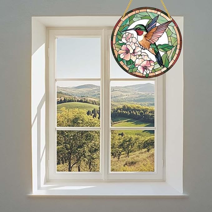 Acrylic Stained Window Hanging Hummingbird Art Acrylic Decoration for Indoor Outdoor Home Bar Office Garden Plastic Ornament Decor 8x8 Inch